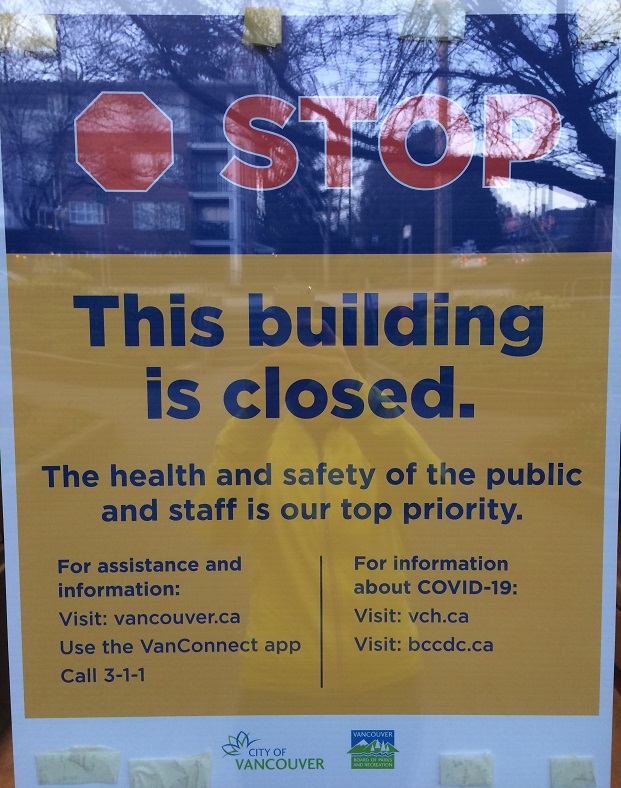 City of Vancouver (BC, Canada) Community Center closed sign, March 20, 2020, used for faceyourfears.ca post COVID-19 Turning Fear into Alertness