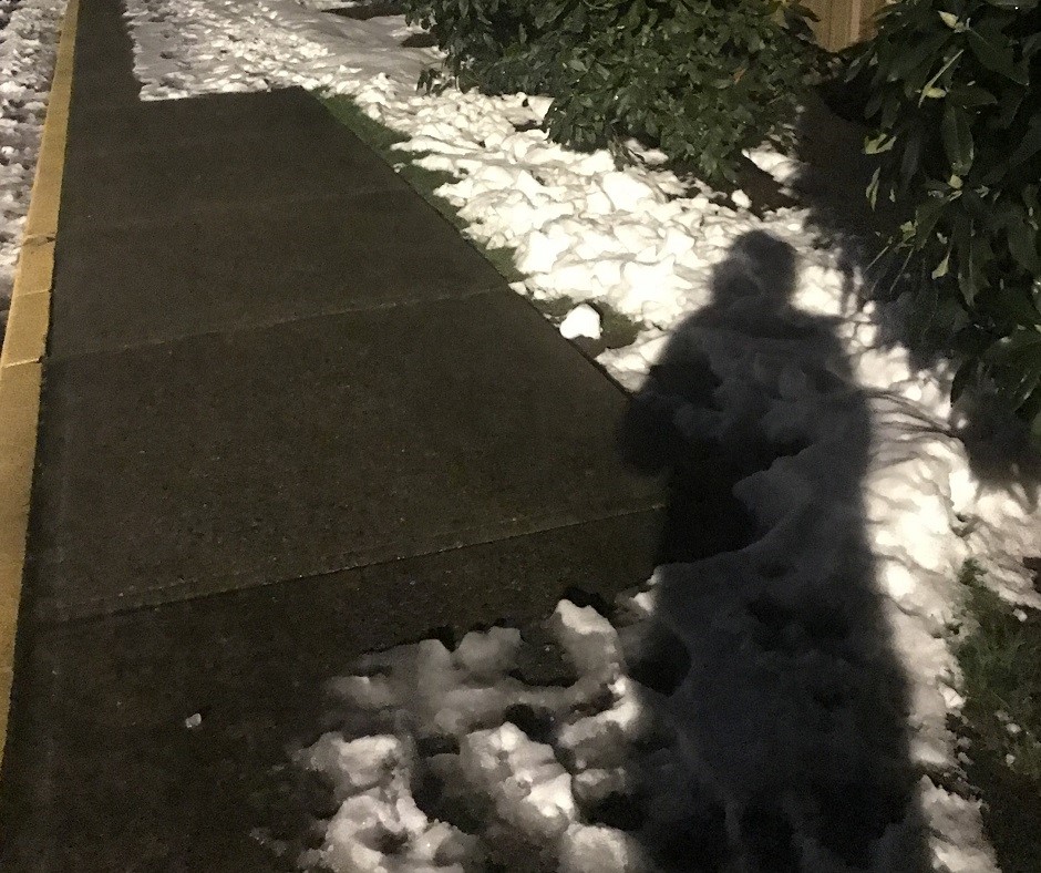 Residential sidewalk viewed at night from the point of view of the person taking a photo of it with their smart phone. Shadow of the person taking the photo is visible in the foreground. Sidewalk shows areas of cleared snow and partially cleared snow in front of homes. The boundary of the cleared snow area lines up with the adjacent home. Image is an example of setting boundaries.